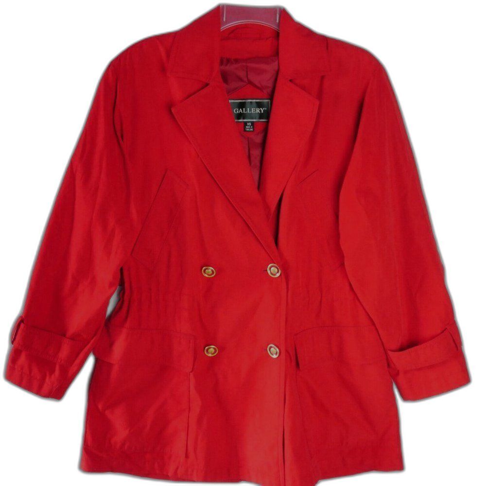 Gallery Women's Size XS Red Pea Coat Jacket Belted Lined Padded Shoulders